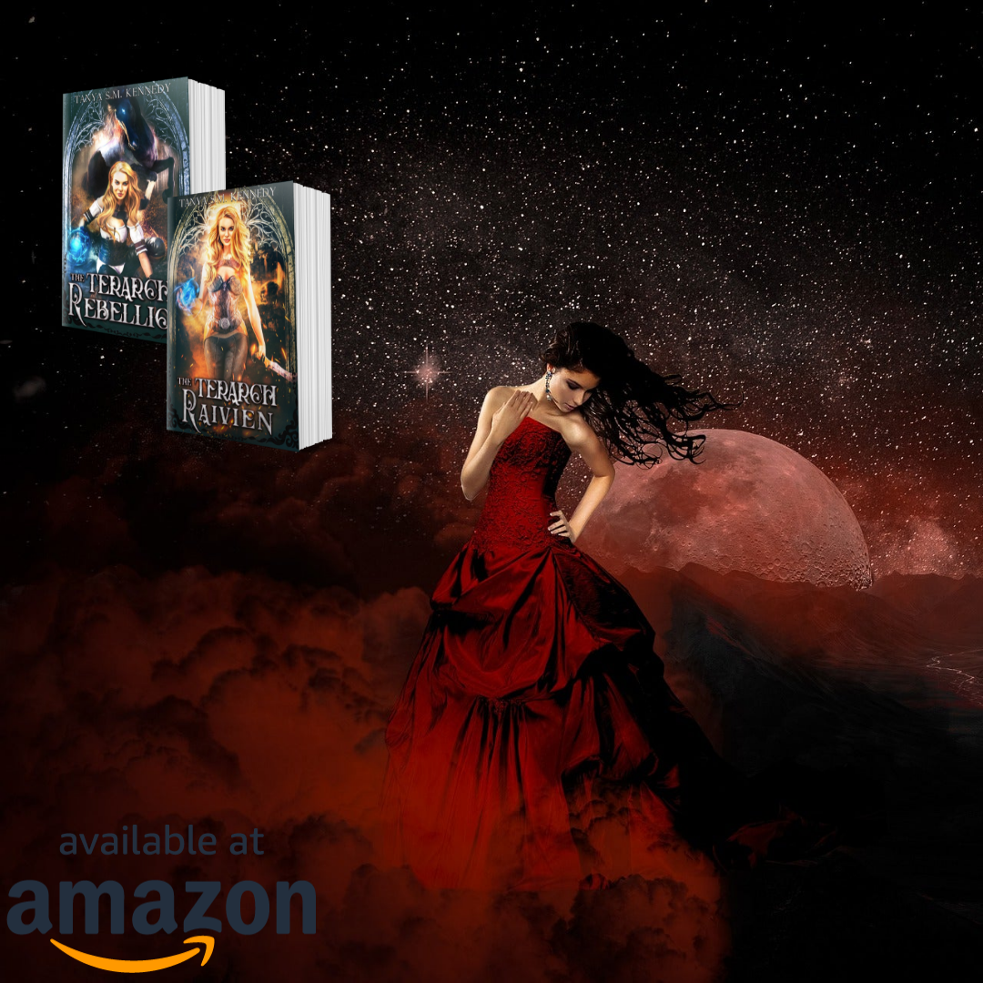 A dark-haired woman swathed in read windswept in front of the moon with the books The Terarch Rebellion and The Terarch Raivien superimposed above. Words Available on Amazon superimposed.