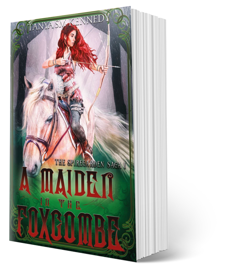 Cover of A Maiden in the Foxcombe: A Coming-of-Age Fantasy Adventure with a redhaired female archer riding a palomino.