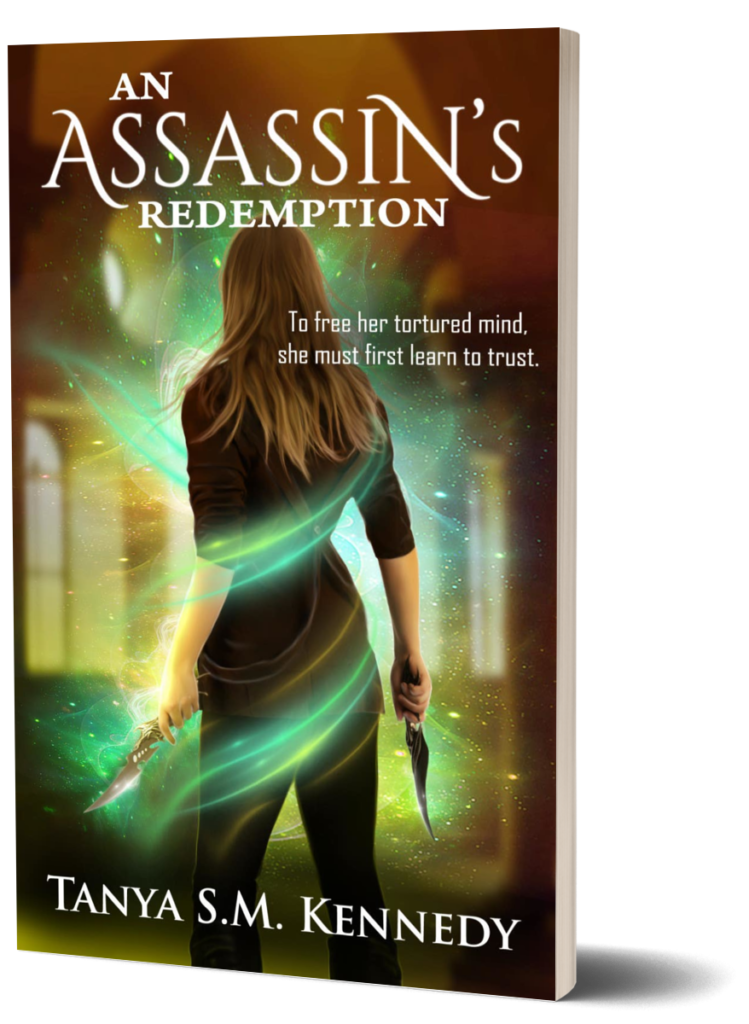 Cover of An Assassin's Redemption: A Coming-of-Age Urban Fantasy Adventure with a young woman with two knives in swirling light standing before a house.