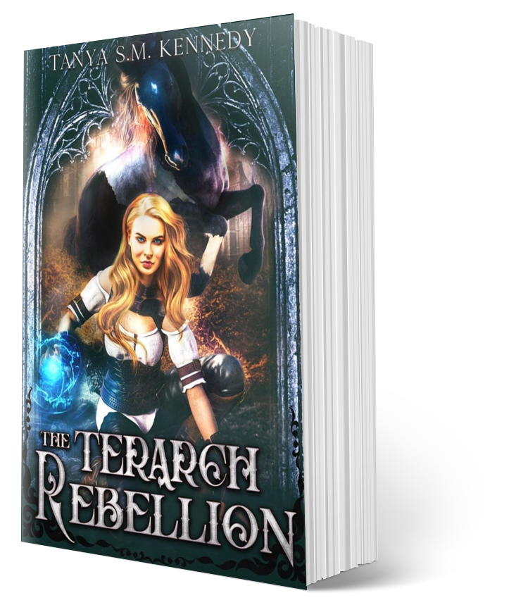 Cover of The Terarch Rebellion: A Coming-of-Age Fantasy Adventure with a honey haired woman wielding magic, kneeling before a black and white paint horse.