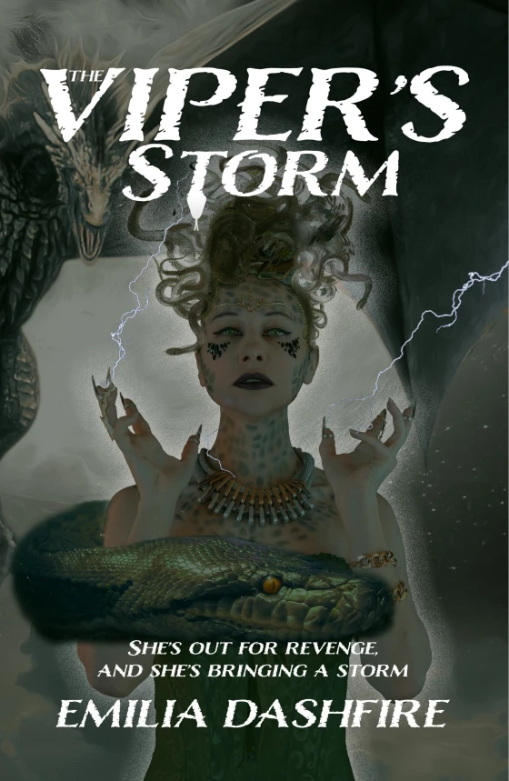 A woman with lightning coming from her fingers and a snake wrapped around her standing before a dragon. 